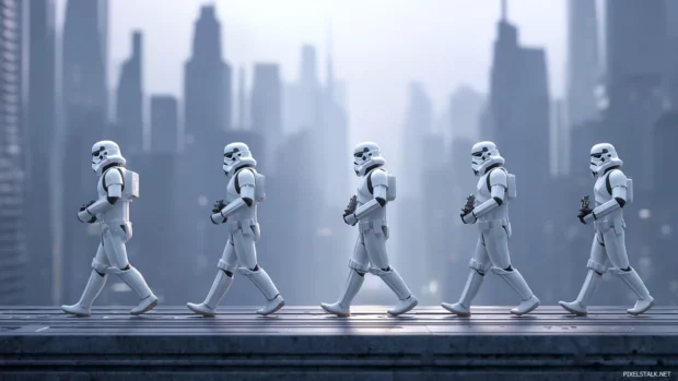 Stormtrooper figures marching across a monolithic cityscape in a star wars stormtrooper wallpaper scene.
